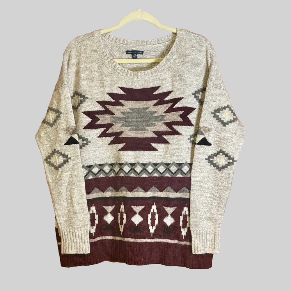American Eagle Outfitters Fair Isle Wool Blend Sweater Beige Burgundy L